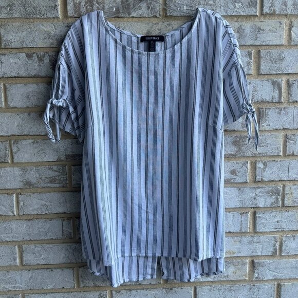 Ellen Tracy Linen Blend Split Back Short Sleeve Striped Blouse Women's Size L - Picture 1 of 8